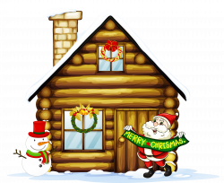 Transparent Christmas House with Santa and Snowman Clipart ...