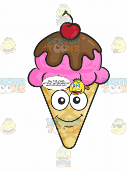 Scoop Of Ice Cream On Cone With Chocolate Syrup And Cherry On Top