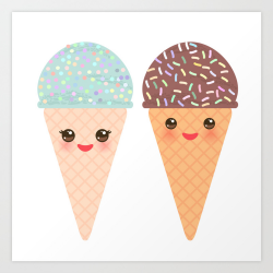 Ice cream waffle cone Kawaii funny muzzle with pink cheeks and winking  eyes, pastel colors Art Print