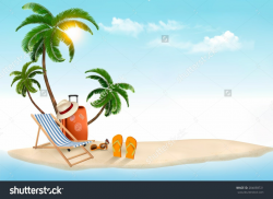 tropical island palms, a beach chair a suitcase clipart ...