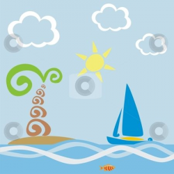 Vector illustration of stylized sailing boat and palm tree ...