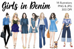 Girls in Denim - Watercolor fashion clipart