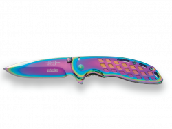 SPRING ASSISTED KNIFE, BLADE LENGTH 7 CM, STAINLESS STEEL HANDLE, FULL  RAINBOW TITANIUM COATED HANDLE AND BLADE. BLACK VELVET BAG INCLUDED.