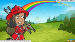 A Female Firefighter Running With A Ladder and Pot Of Gold At The End Of  The Rainbow Background
