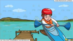 A Man Paddling A Kayak and A Long Wooden Dock On A Lake Background