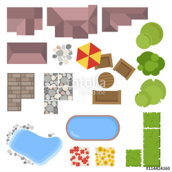 Landscape elements, top view. House, garden, tree, lake ...