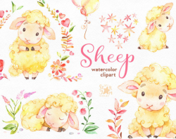 Sheep. Watercolor clip art, characters, cute, heart, floral ...