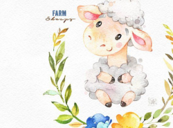 Farm. Sheeps. Watercolor country clipart, little lamb ...
