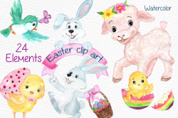 Watercolor Easter kids clipart Watercolor Lamb Clipart Easter egss Easter  basket Flowers clipart