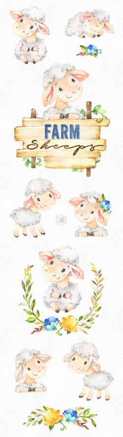 Farm. Sheeps. Watercolor country clipart, little lamb ...