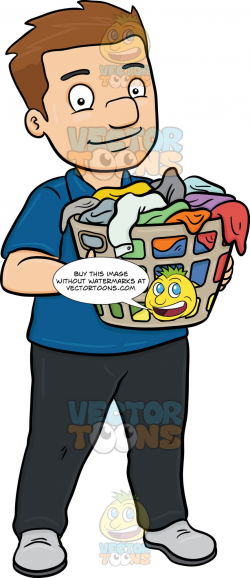 A Smiling Man Carrying A Plastic Laundry Hamper Full Of Clothes