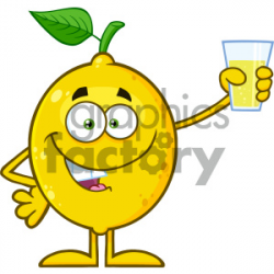 Royalty Free RF Clipart Illustration Yellow Lemon Fresh Fruit With Green  Leaf Cartoon Mascot Character Presenting And Holding Up A Glass Of Lemonade  ...