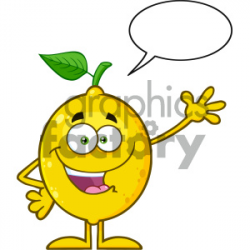 Royalty Free RF Clipart Illustration Happy Yellow Lemon Fresh Fruit With  Green Leaf Cartoon Mascot Character Waving For Greeting With Speech Bubble  ...