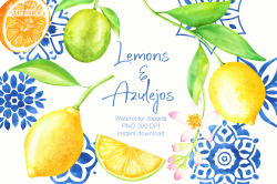 Watercolor lemons and blue ceramics clipart