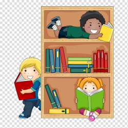 Boy and girl reading book on shelf, Public library Child ...