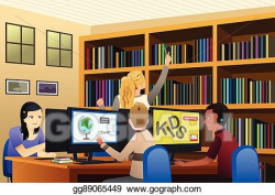 Clip Art Vector - School kids using computers in the library ...