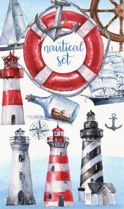 Watercolor Nautical Set - marine clipart. Summer sea clip ...