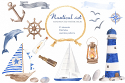 Nautical set watercolor clipart. lighthouse, boat, lantern
