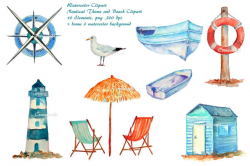 Watercolour clipart - Watercolor lighthouse, seagull, fishing boats,  compass, beach hut, parasol, beach chairs
