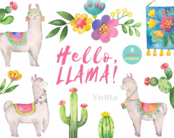 Llama watercolor clipart set, Hello, Lama. Watercolor cactus, Alpaca ...