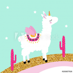 Cute white llama unicorn on glitter rainbow with pink cactus. Vector ...