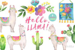 Hello, Llama watercolor clipart set ~ Illustrations ~ Creative Market