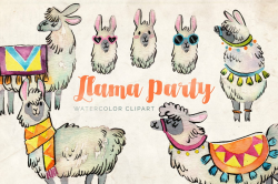 Llama Party Watercolor Clipart Set