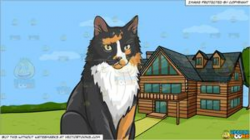A serious looking fluffy cat and A Countryside Log House Background
