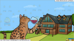 clipart #cartoon A cat drinking wine and A Countryside Log ...