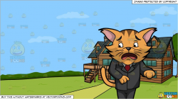 A Scared Cat In A Business Suit and A Countryside Log House Background