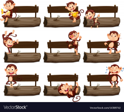 Wooden sign and many monkeys on log