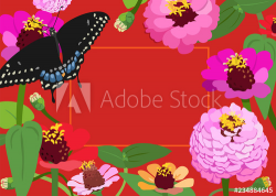 Summer floral greeting card. Zinnia flowers, Black butterfly ...