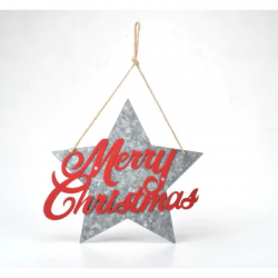 Natural Galvanized with Red Merry Christmas Hanging