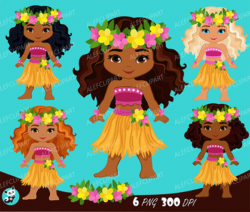 Luau Dancers, Hawaii tropical, Luau Clipart, hula girls,Multicultural girls.