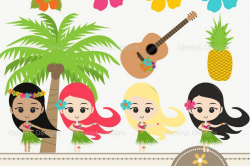 Hawaiian Luau Party Clipart, Aloha Hula Girls, Coconut Tree, Hibiscus  Flower, Guitar, Pineapple