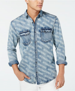 I.N.C. Men\'s Logo-Print Denim Shirt, Created for Macy\'s