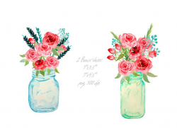 Watercolor mason jars and red roses printable, instant download