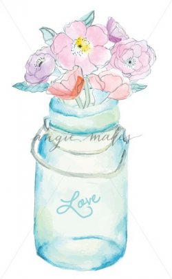 Hand Painted Flowers in Watercolor Mason Jar. Watercolour Flowers in Mason  Jar