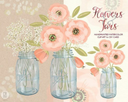 Watercolor Mason Jar Baby Breath, Cream Pink Flowers, Hand ...