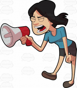 A woman shouting angrily using a megaphone : A woman with black hair ...