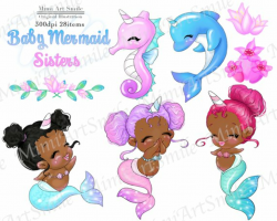 African American Baby Mermaid Sisters Clipart Dark,Cute Unicorn Girl ...