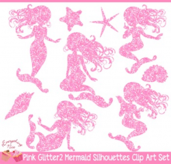 Pink Glitter 2 Mermaid Silhouettes Clipart Set
