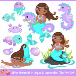 African-american Little Mermaids Mermaid in Aqua & Purple Clipart Set