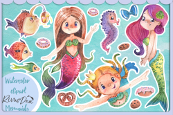 Watercolor mermaid clipart set