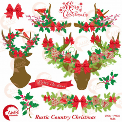 Rustic Country Christmas clip art, Christmas Antler clipart, Floral ...