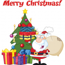 Royalty Free RF Clipart Illustration Merry Christmas Greeting With Santa  Claus Holding Up A Stack Of Gifts By A Christmas Tree clipart. Royalty-free  ...