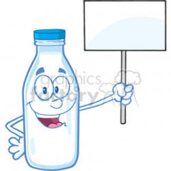 Cute Milk Bottle Cartoon Mascot Character Holding A Blank Sign clipart.  Royalty-free clipart # 396148