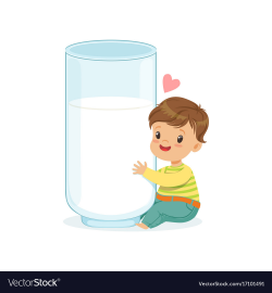Cute little boy hugging giant milk glass healthy