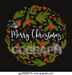 Vector Clipart - Merry christmas, bullfinches and mistletoe ...