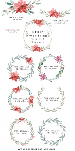 Watercolor Christmas Card Template, Christmas Wreath Clipart, Mistletoe